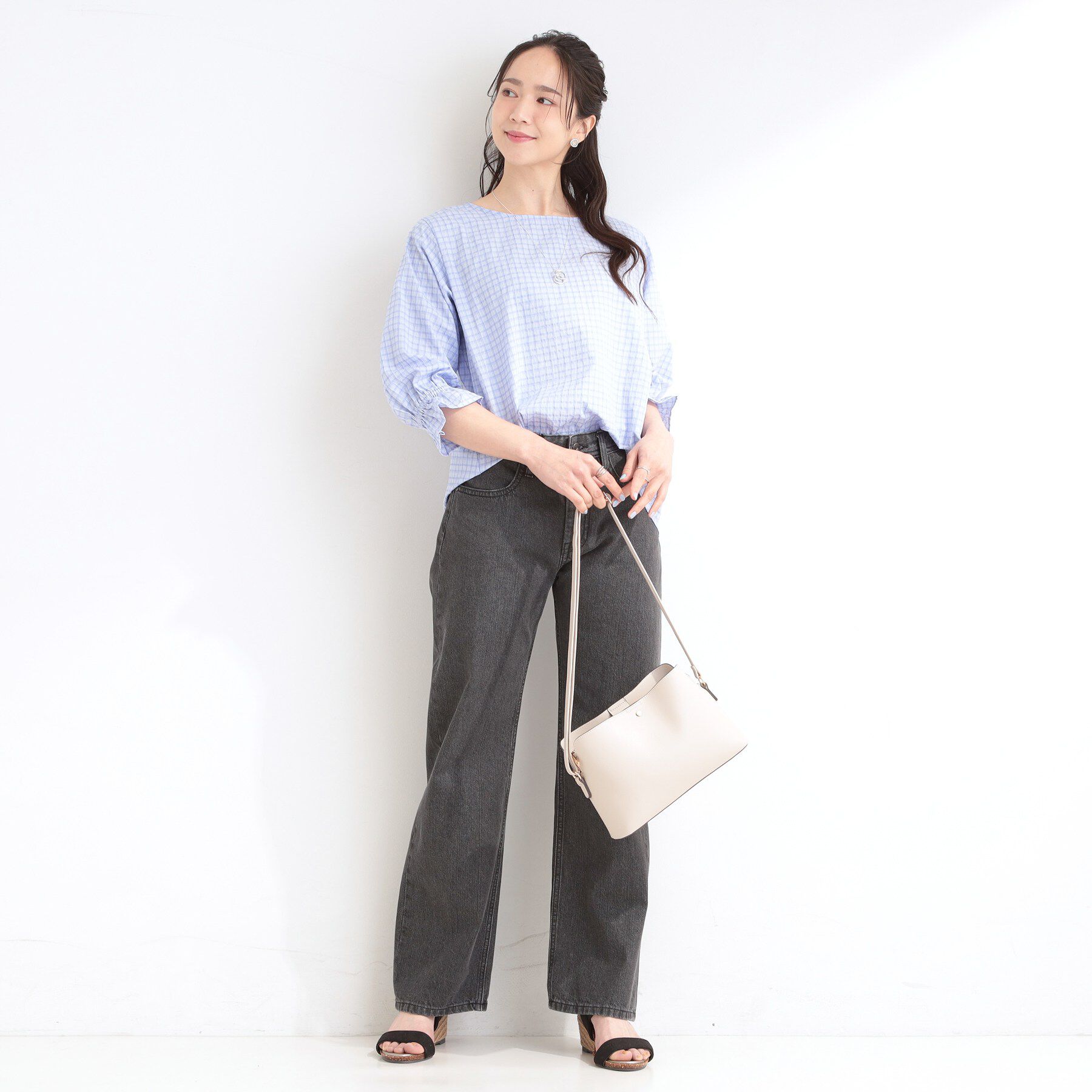 SHOO･LA･RUE「【セットアップ可/洗濯機可】上品チェックが好印象 ゆるさら6分袖ブラウス」|シャツ・ブラウス|