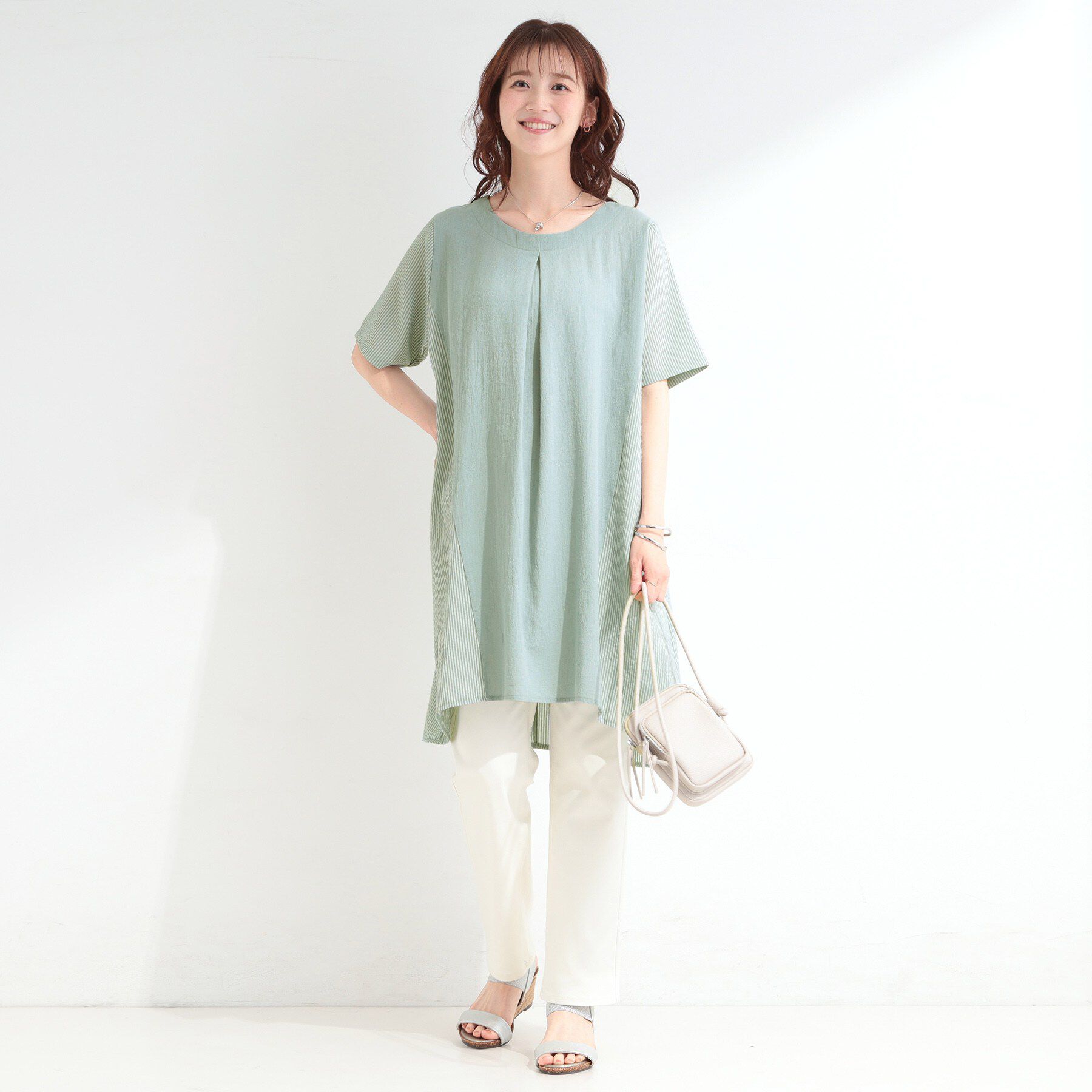 SHOO･LA･RUE「【洗濯機可/体型カバー】上から着るだけ 異素材切替 Aラインチュニックワンピース」|チュニック|