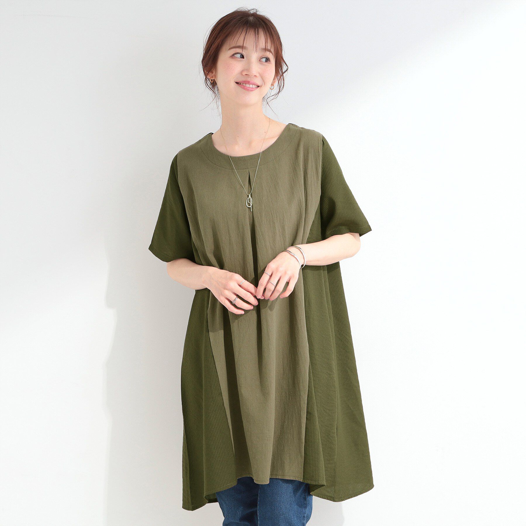 SHOO･LA･RUE「【洗濯機可/体型カバー】上から着るだけ 異素材切替 Aラインチュニックワンピース」|チュニック|