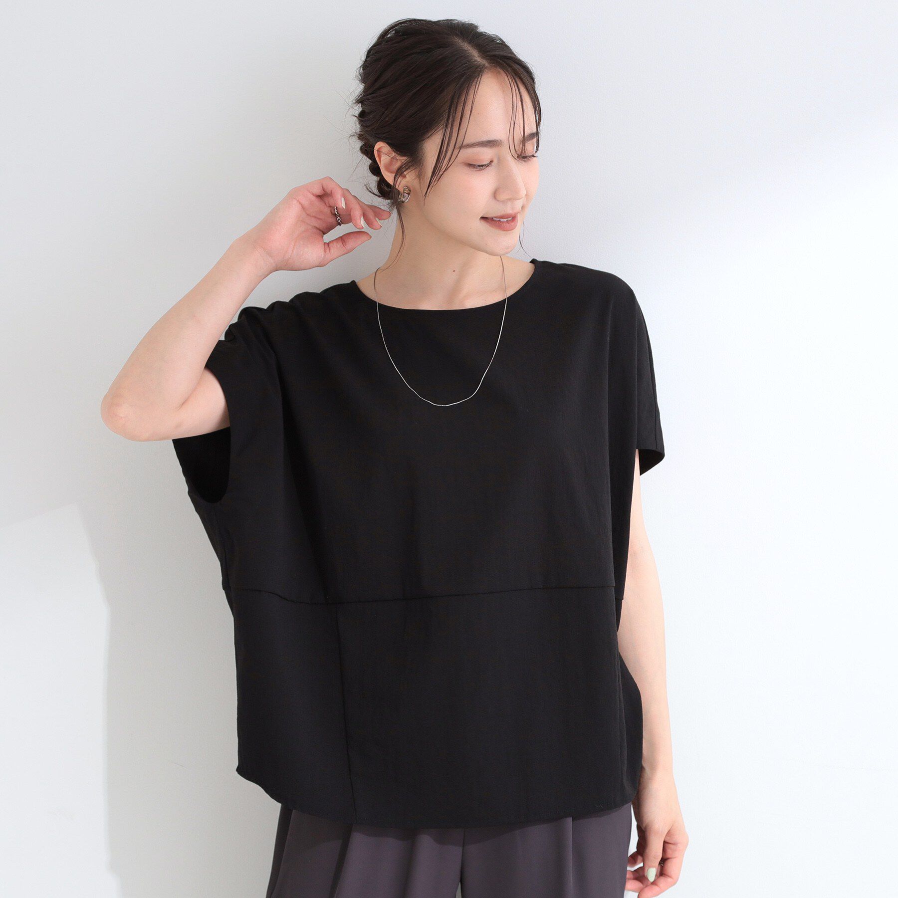 SHOO･LA･RUE「【洗濯機可/セットアップ可】軽凛(かろりん) シンプル上品 ひんやり切替コクーントップス」|Tシャツ・カットソー|