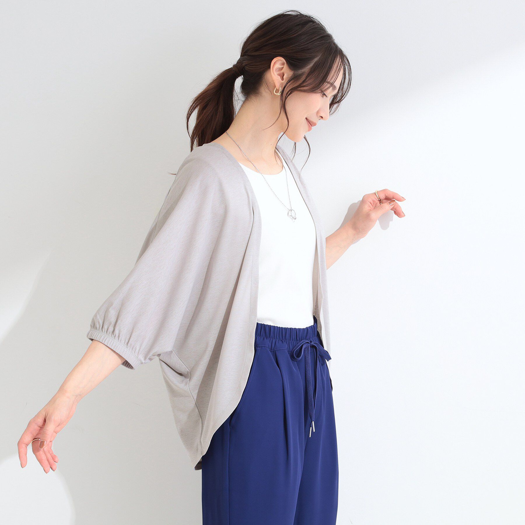 SHOO･LA･RUE「【ひんやり/UV/体型カバー】冷房対策にも さらとろ 5分袖ドルマンカーディガン」|カーディガン|