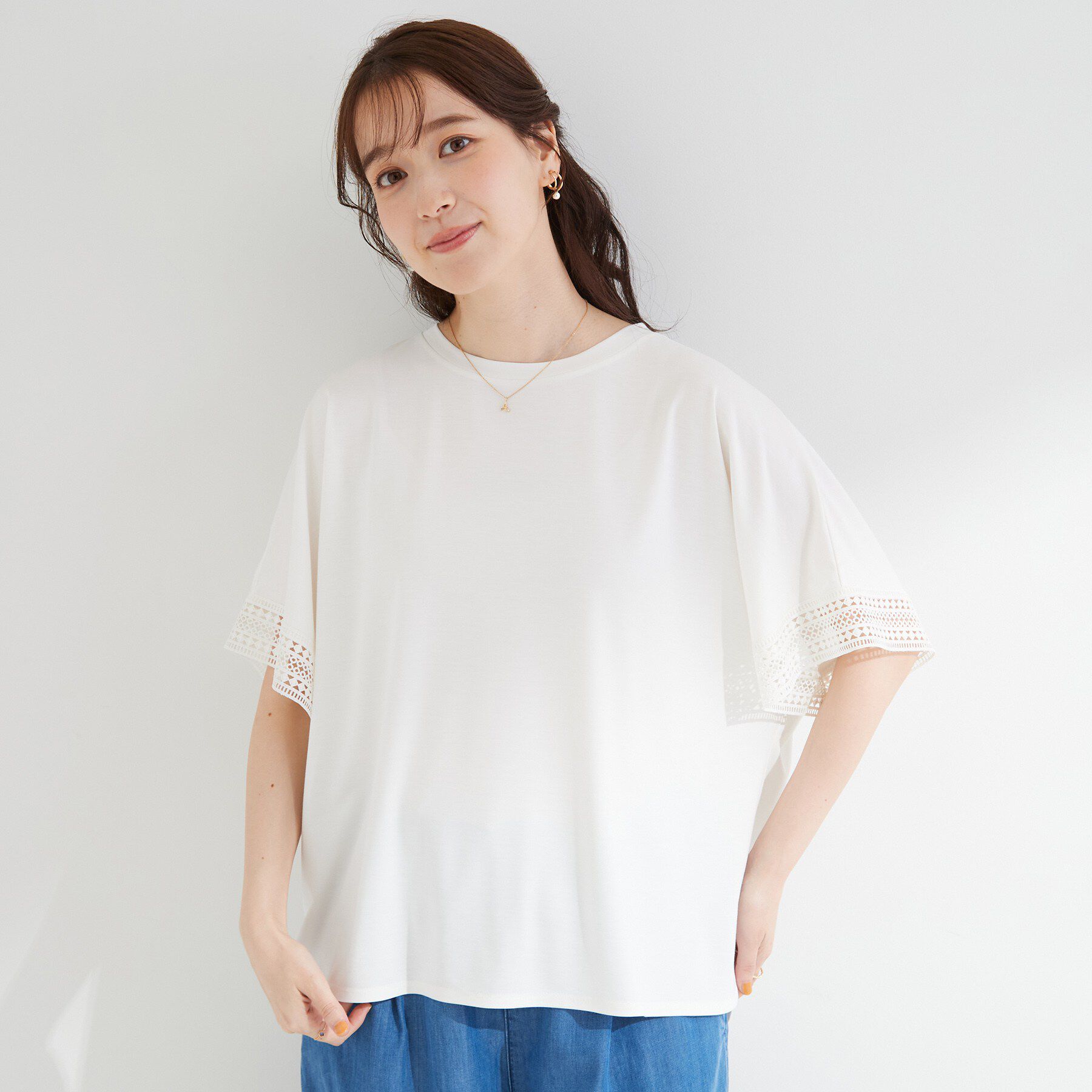 SHOO･LA･RUE「【ひんやり/UV/体型カバー】ヒップ周りが隠せる お袖レースTシャツ」|Tシャツ・カットソー|