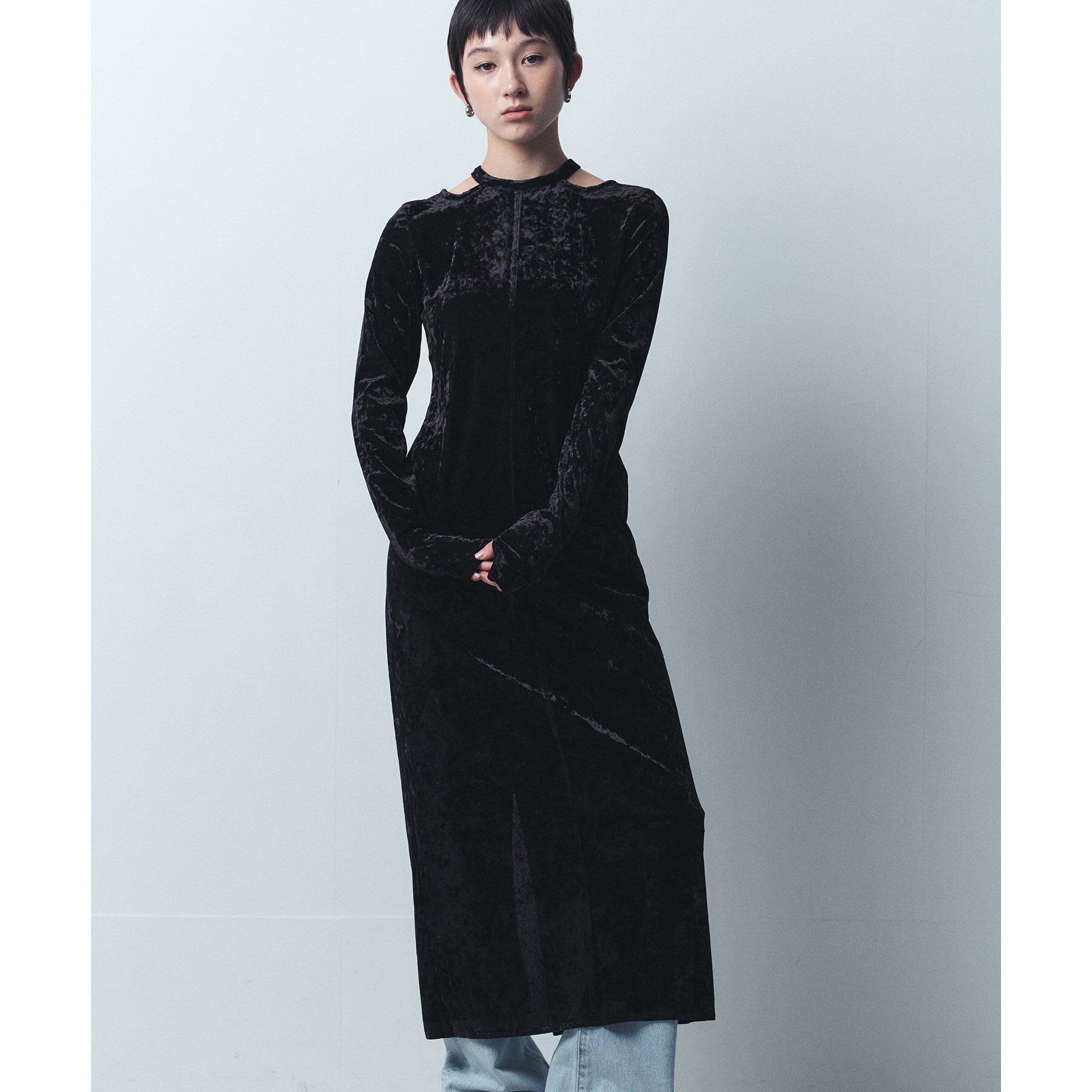 CODE A「【Re】neck point velour dress」|ワンピース|ブラック(019)