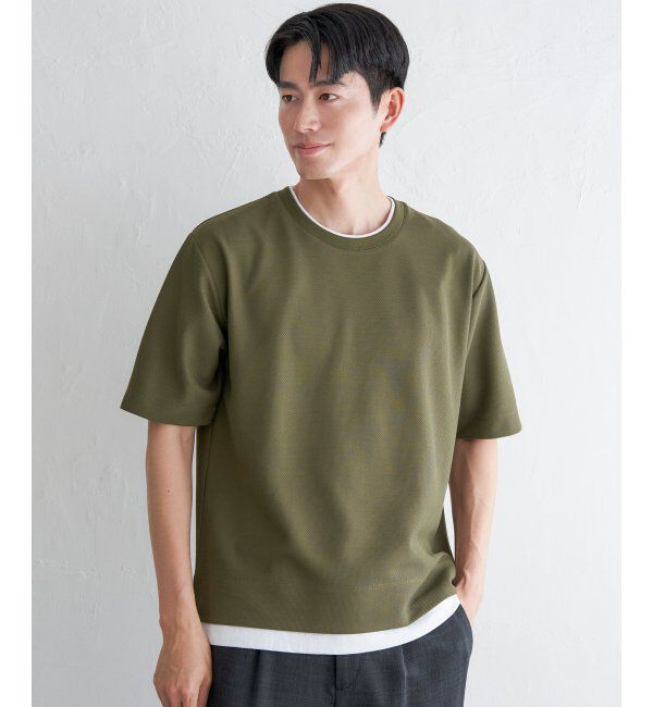ikka「【吸水速乾】ドライ鹿の子レイヤードTシャツ5分袖」|Tシャツ・カットソー|カーキ