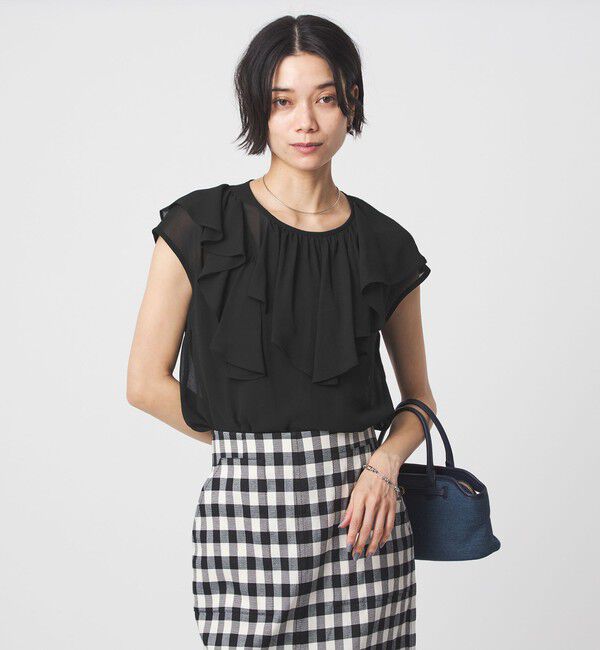 UNITED ARROWS green label relaxing「アシンメトリー フリル フレンチスリーブ ブラウス」|シャツ・ブラウス|BLACK