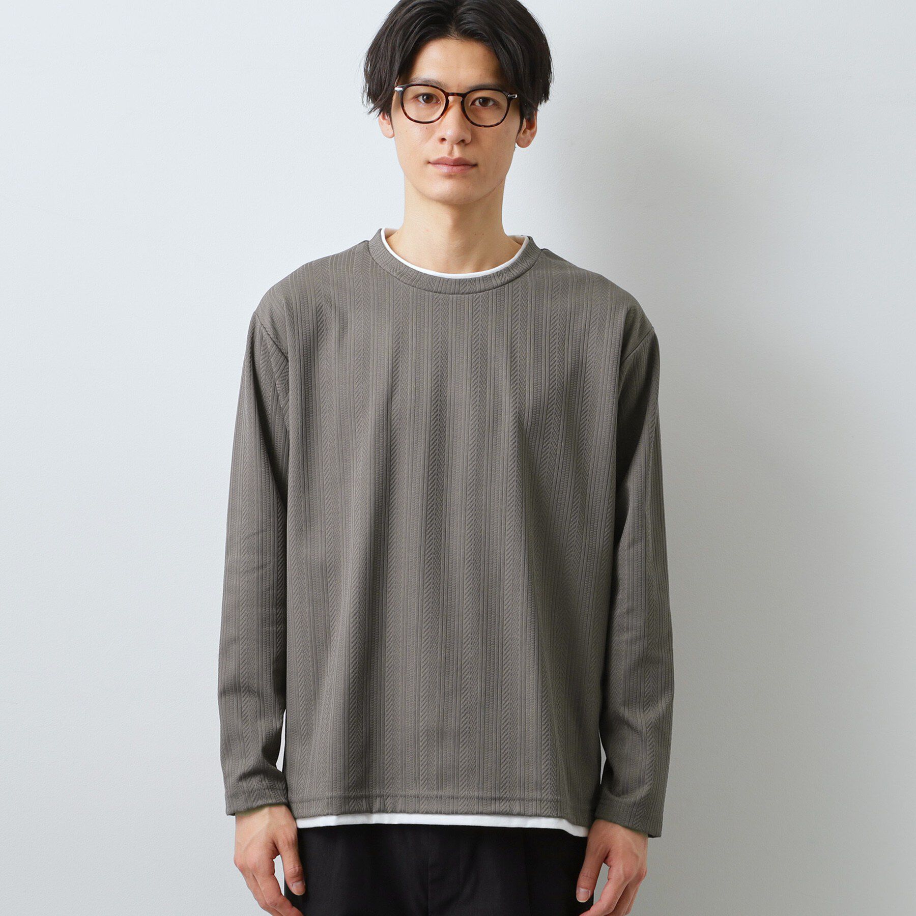 THE SHOP TK「【程よく品のある着こなし】ジャカード フェイクレイヤード長袖Tシャツ 洗濯機OK」|Tシャツ・カットソー|
