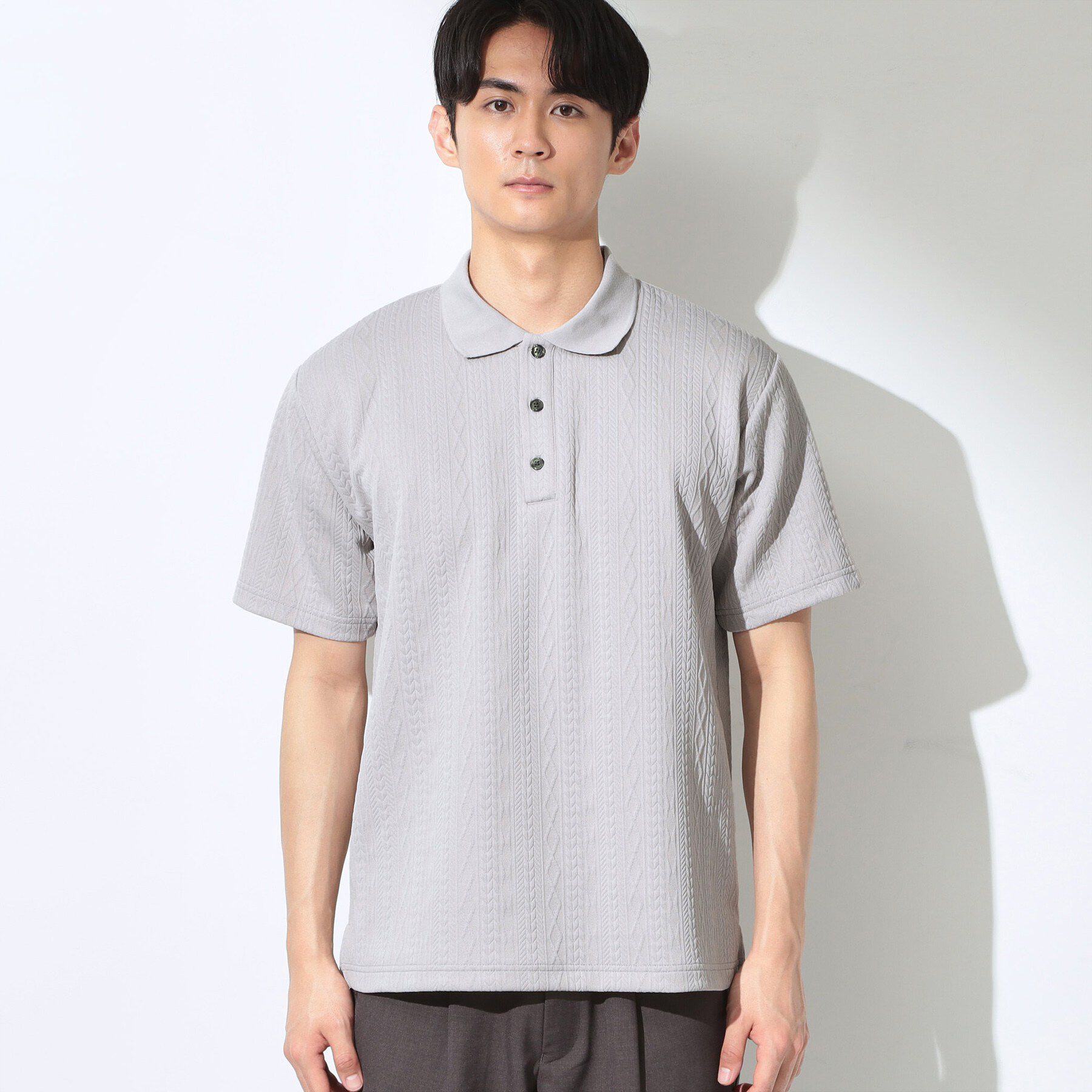 THE SHOP TK「【シンプルすぎない大人の表情】ケーブルフクレポロシャツ 吸水速乾/UVケア/洗濯機OK」|ポロシャツ|