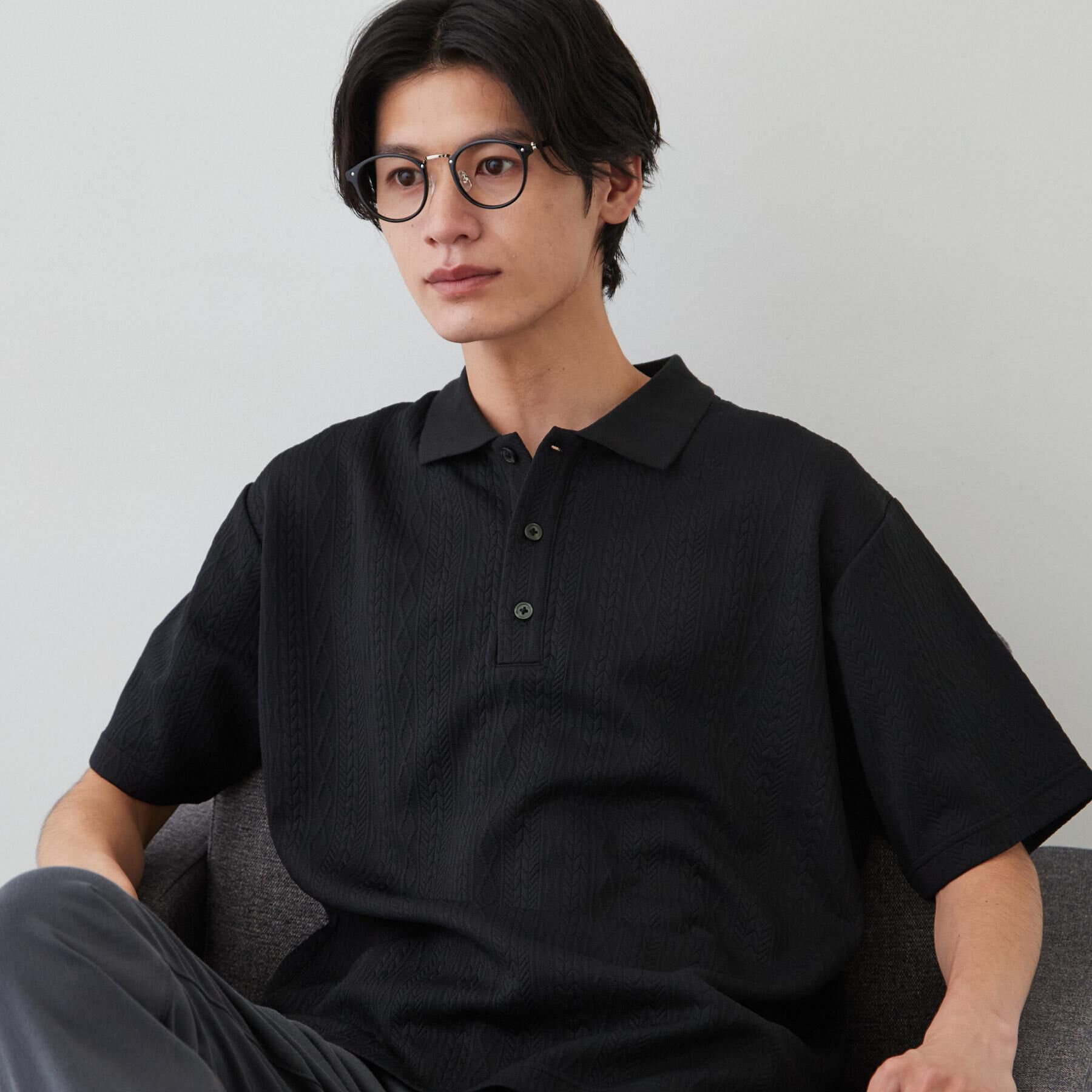 THE SHOP TK「【シンプルすぎない大人の表情】ケーブルフクレポロシャツ 吸水速乾/UVケア/洗濯機OK」|ポロシャツ|ブラック(019)