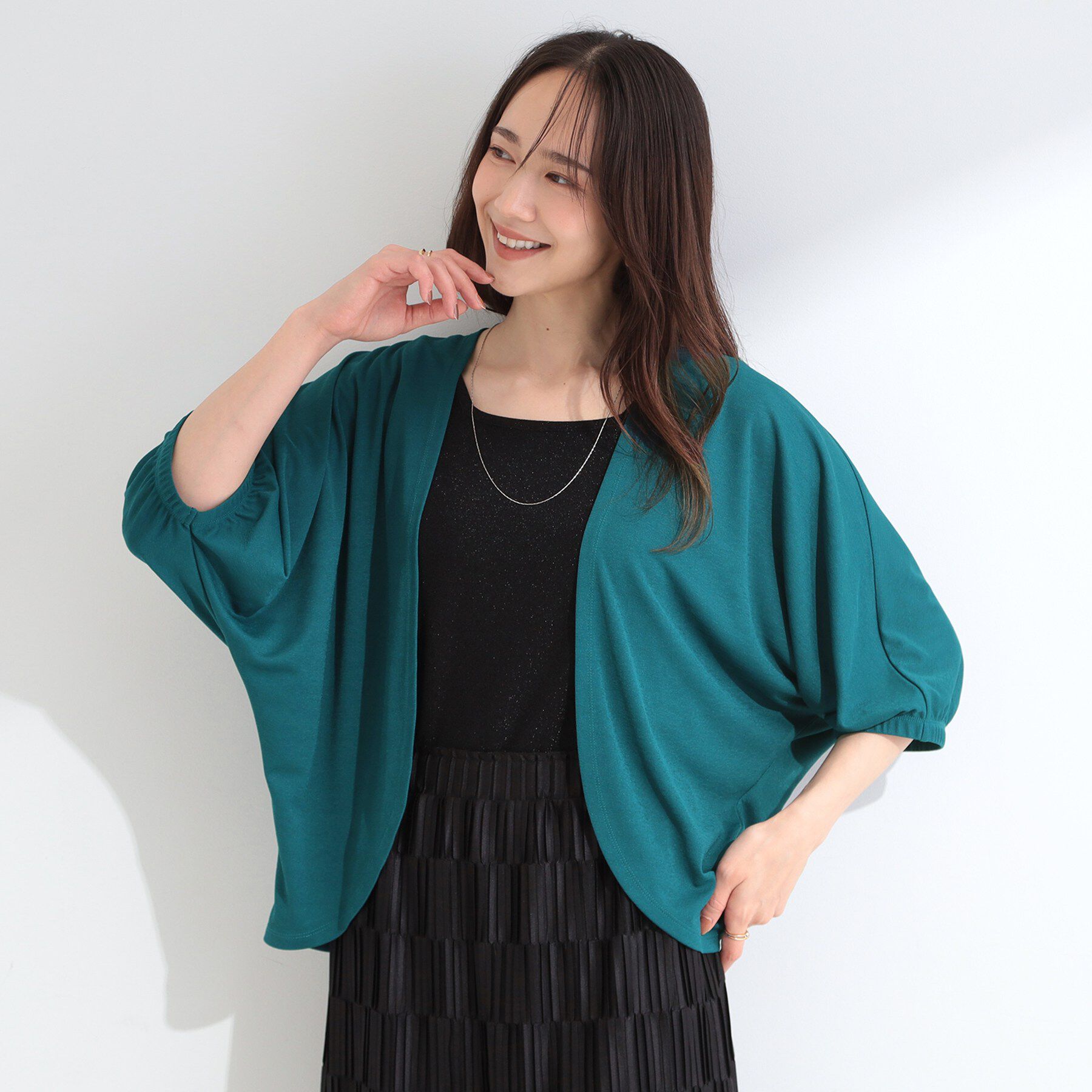 SHOO･LA･RUE「【ひんやり/UV/体型カバー】冷房対策にも さらとろ 5分袖ドルマンカーディガン」|カーディガン|