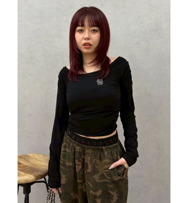 EVRIS「オフショルフーディトップス」|Tシャツ・カットソー|ブラック