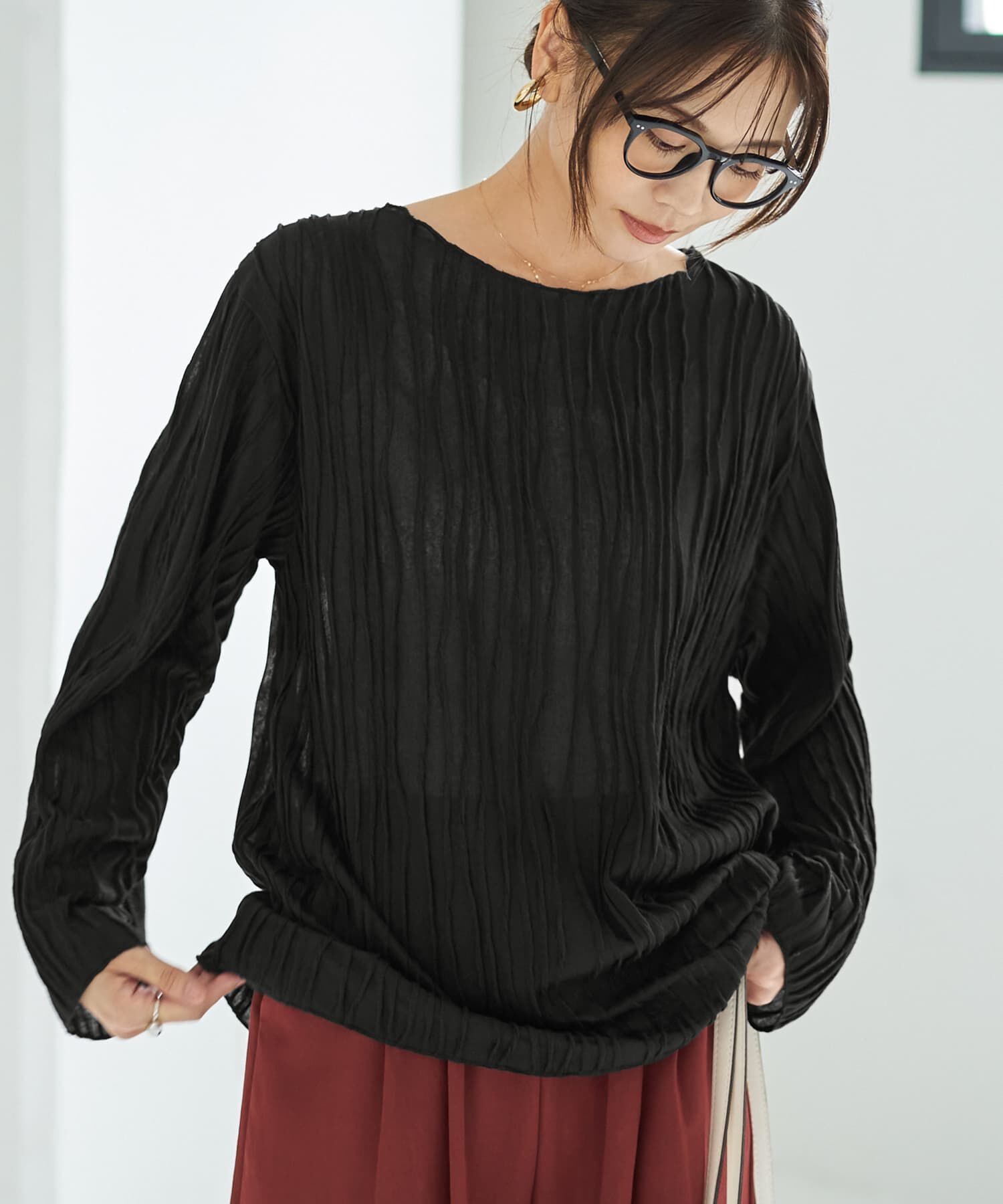 STYLE DELI「ウェーブラインガーゼトップス」|Tシャツ・カットソー|ブラック