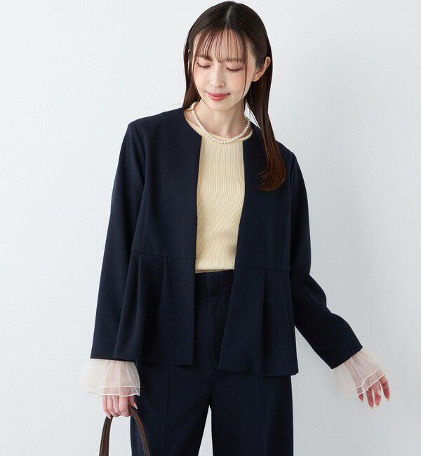 SHIPS Colors 「SHIPS Colors:ストレッチ ジョーゼット ペプラム ジャケット（セットアップ対応可能）◇」|ノーカラージャケット|ダークブルー