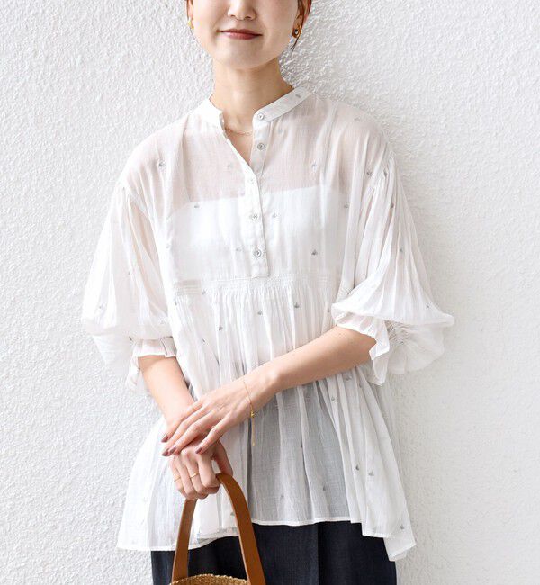 SHIPS for women「〈手洗い可能〉コットン オーガンジー リーフ 刺繍 袖 フリル ブラウス」|シャツ・ブラウス|