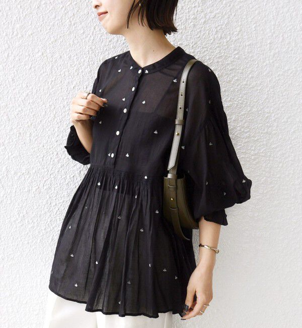 SHIPS for women「〈手洗い可能〉コットン オーガンジー リーフ 刺繍 袖 フリル ブラウス」|シャツ・ブラウス|