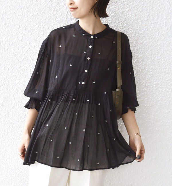 SHIPS for women「〈手洗い可能〉コットン オーガンジー リーフ 刺繍 袖 フリル ブラウス」|シャツ・ブラウス|