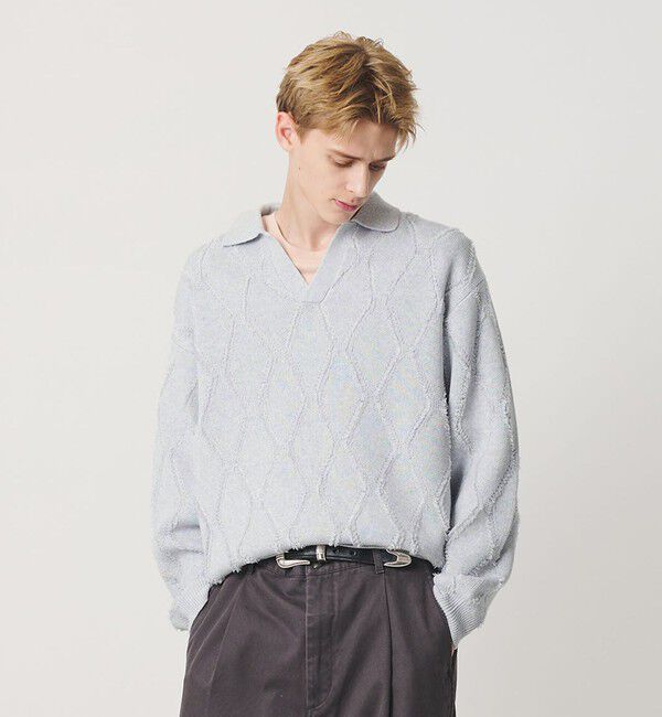 BEAUTY&YOUTH UNITED ARROWS「フリンジ パターン スキッパー ニット」|ニット・セーター|LT.GRAY