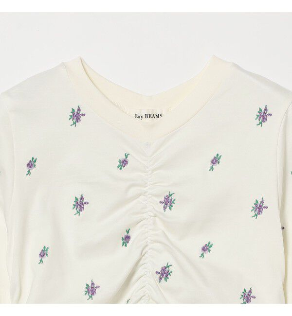 Ray BEAMS 「フラワー 刺繍 シャーリング Tシャツ / 26SS 花柄 洗える コンパクトTシャツ」|Tシャツ・カットソー|