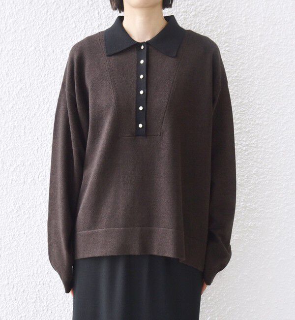 SHIPS for women「《一部追加予約》【WEB限定】〈手洗い可能〉サイド スリット ゴールド 釦 ポロ ニット」|ニット・セーター|