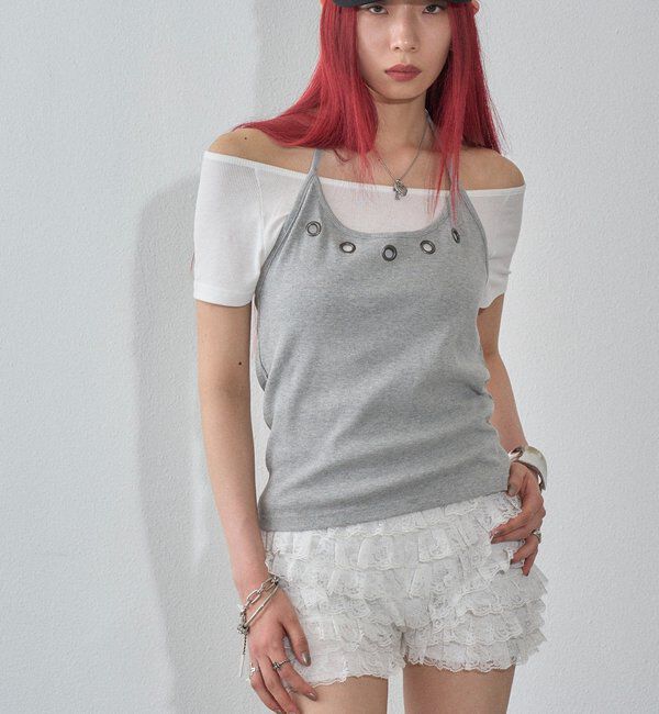  「ハトメホルターレイヤード半袖トップス（ドット/無地）」|Tシャツ・カットソー|