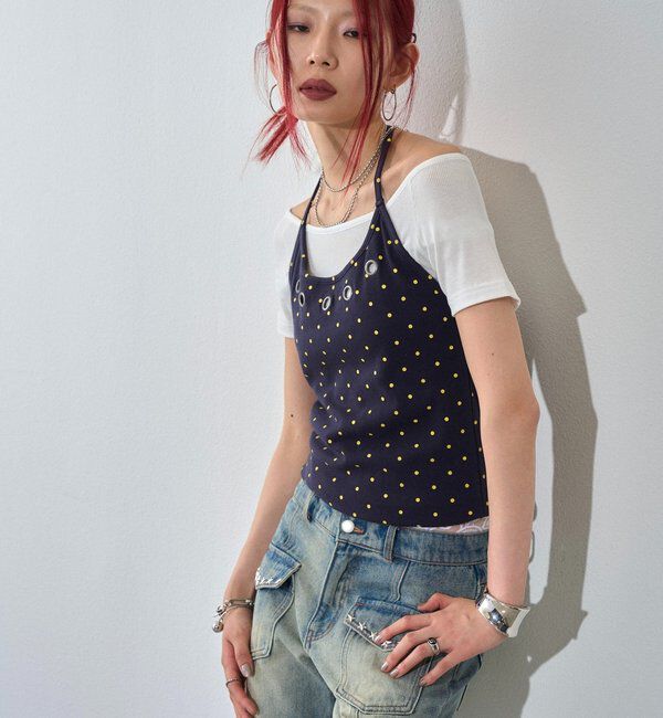  「ハトメホルターレイヤード半袖トップス（ドット/無地）」|Tシャツ・カットソー|