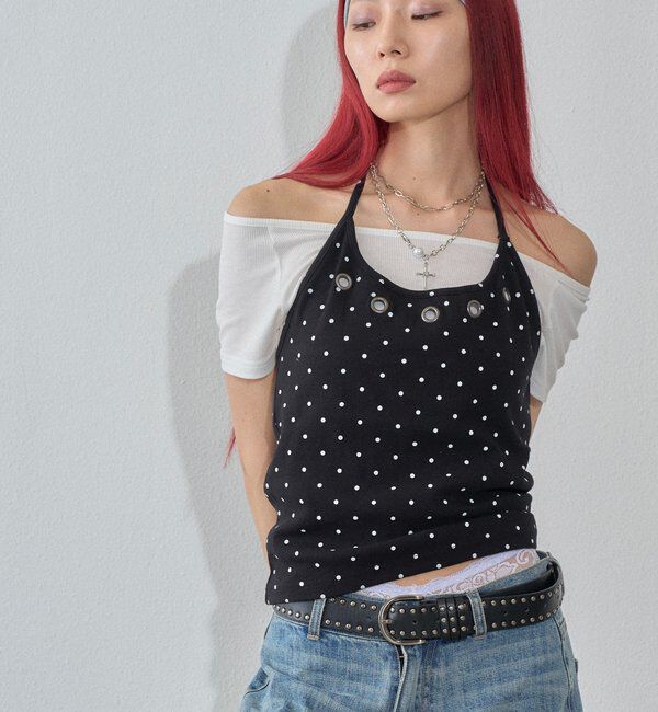  「ハトメホルターレイヤード半袖トップス（ドット/無地）」|Tシャツ・カットソー|ブラックその他1