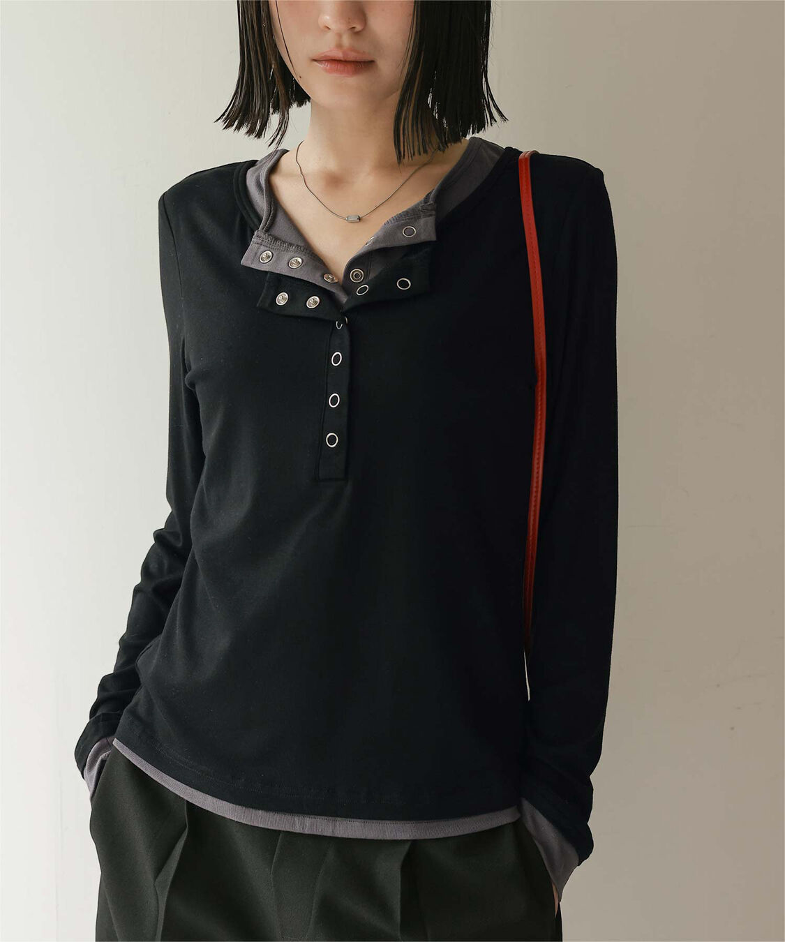 miette「レイヤード風ヘンリーネックトップス」|Tシャツ・カットソー|ブラック