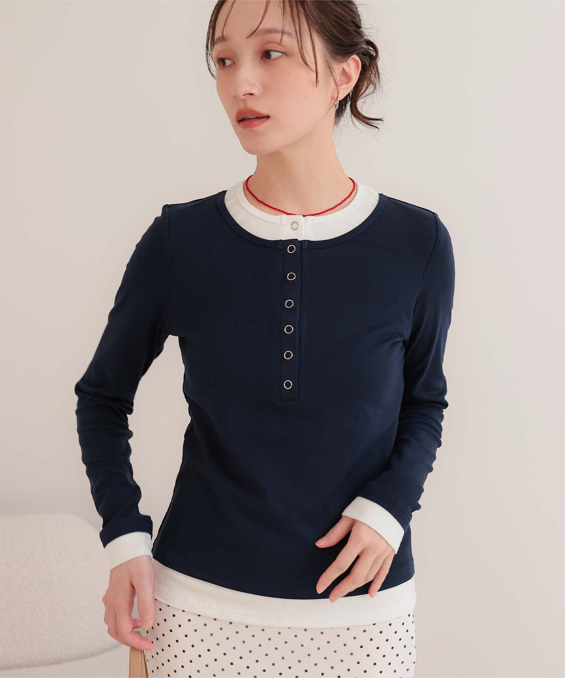 miette「レイヤード風ヘンリーネックトップス」|Tシャツ・カットソー|ネイビー