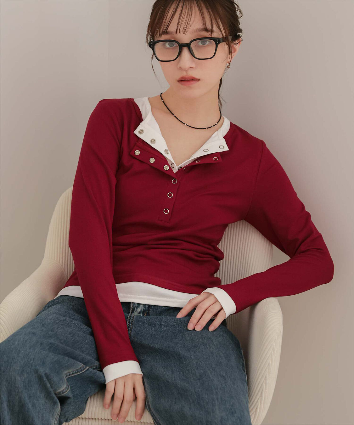 miette「レイヤード風ヘンリーネックトップス」|Tシャツ・カットソー|レッド
