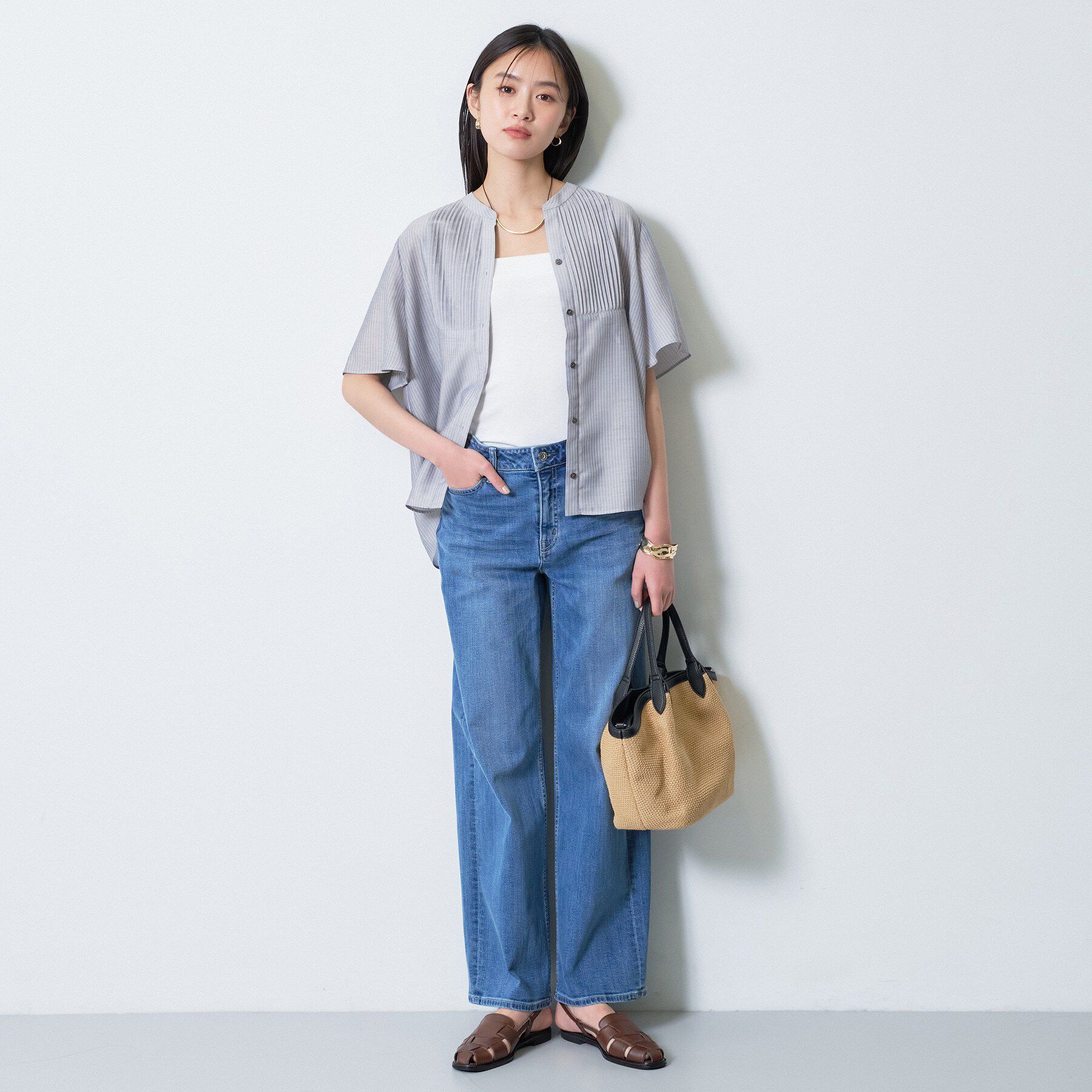 INDIVI「【接触冷感/洗える】シアーシャンブレーピンタックブラウス」|シャツ・ブラウス|