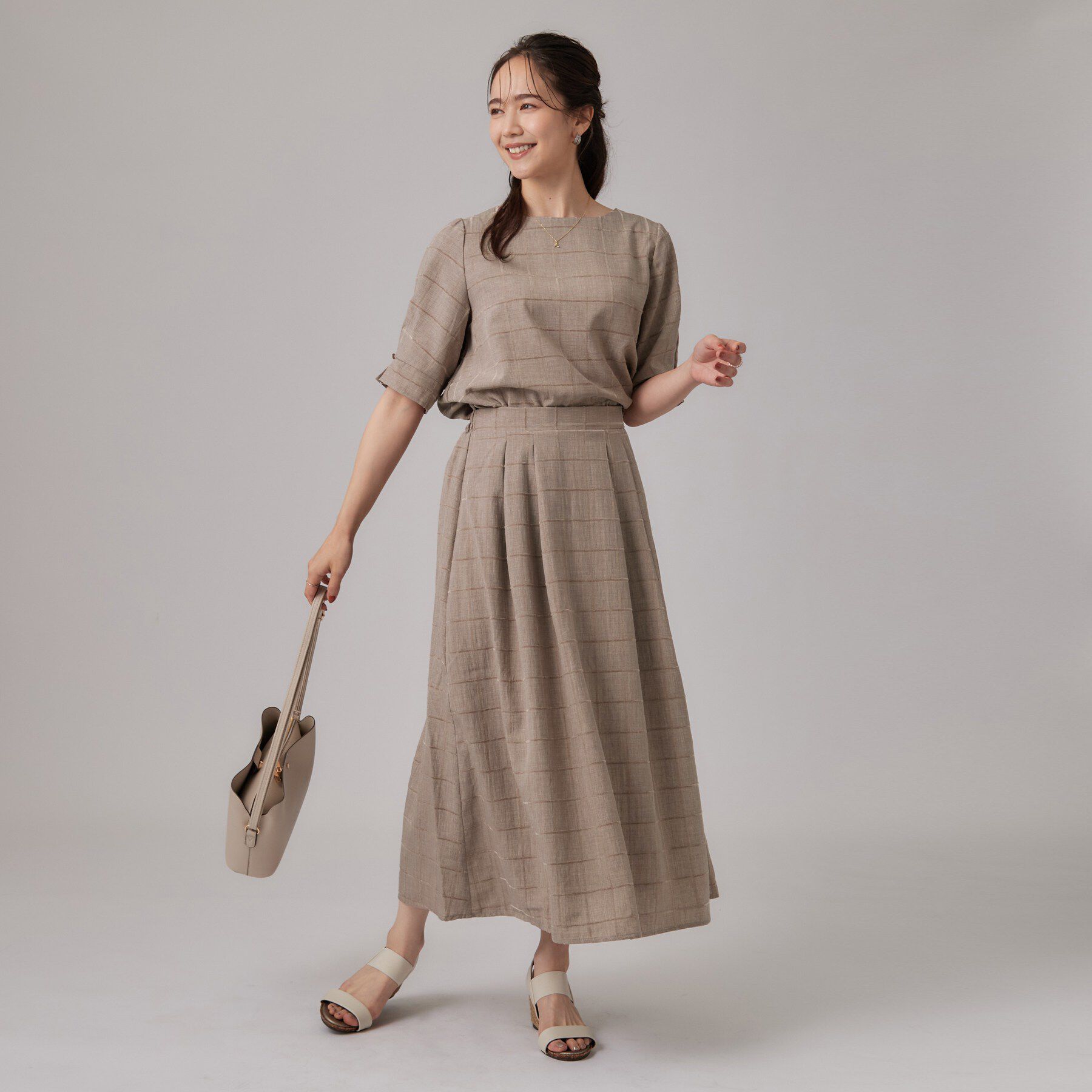 SHOO･LA･RUE「【セットアップ可/S-LL】モールチェックで上品に タックフレアスカート」|スカート|
