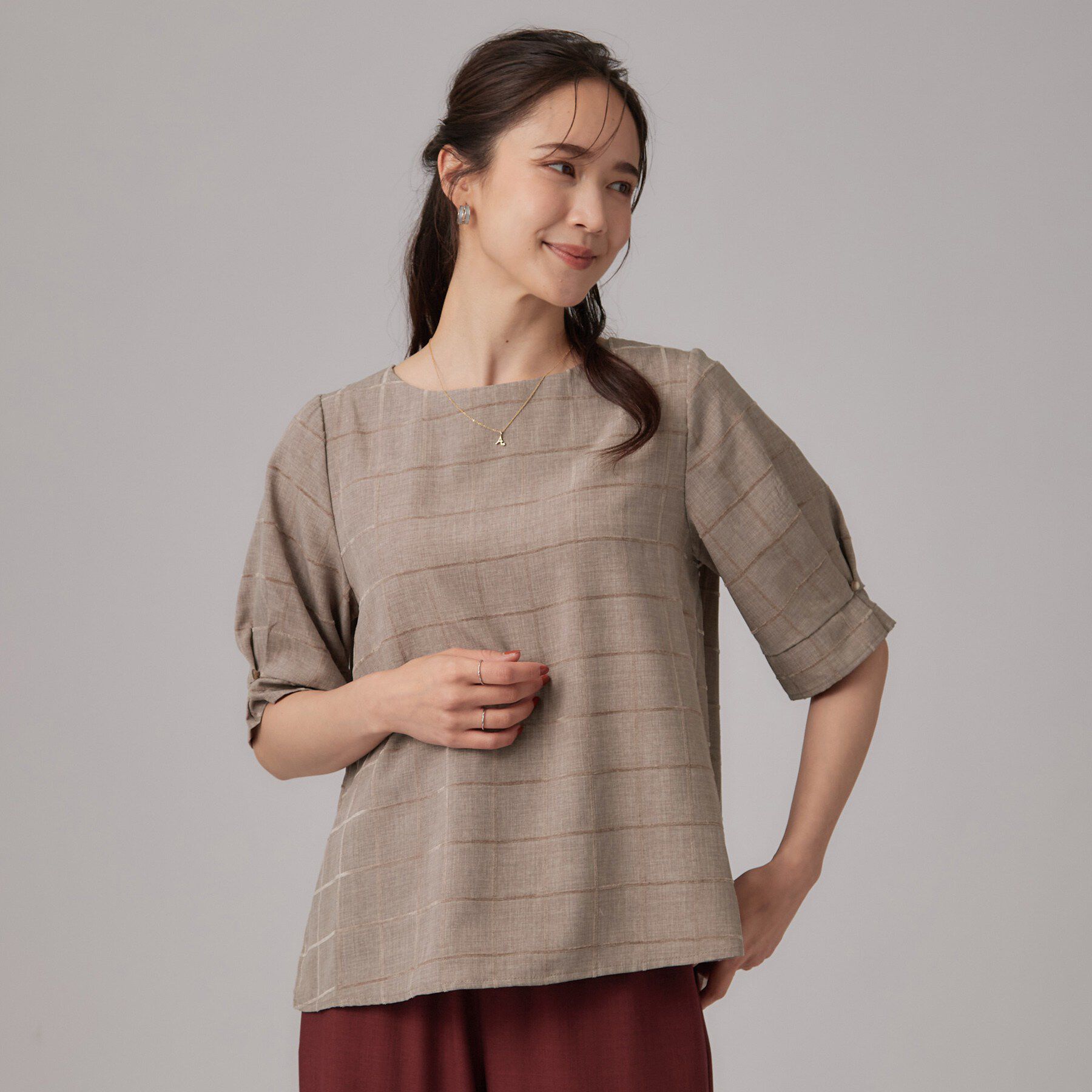SHOO･LA･RUE「【セットアップ可/S-LL】モールチェックで上品に タックスリーブ ブラウス」|シャツ・ブラウス|