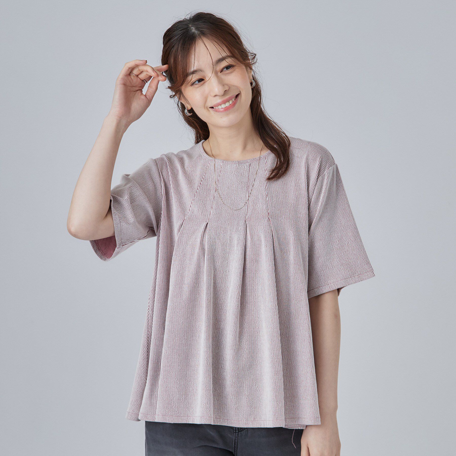 SHOO･LA･RUE「【洗濯機可/S-LL】インせずすっきり見え ストライプ柄タックトップス」|Tシャツ・カットソー|