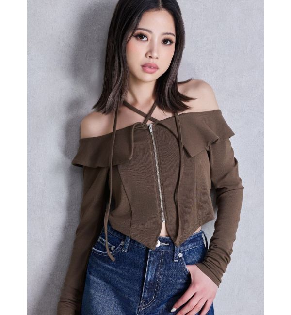GYDA「フロントZIPクロスチョーカーショートトップス」|Tシャツ・カットソー|