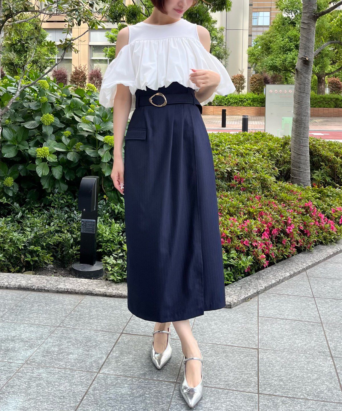 アンドクチュール「タックストレートスカート」|タイト|Navy/borderｽﾄﾗｲﾌﾟ
