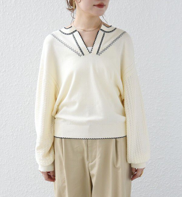 SHIPS for women「《予約》【WEB限定】〈手洗い可能〉配色 ステッチ アイレット スキッパー ニット」|ニット・セーター|