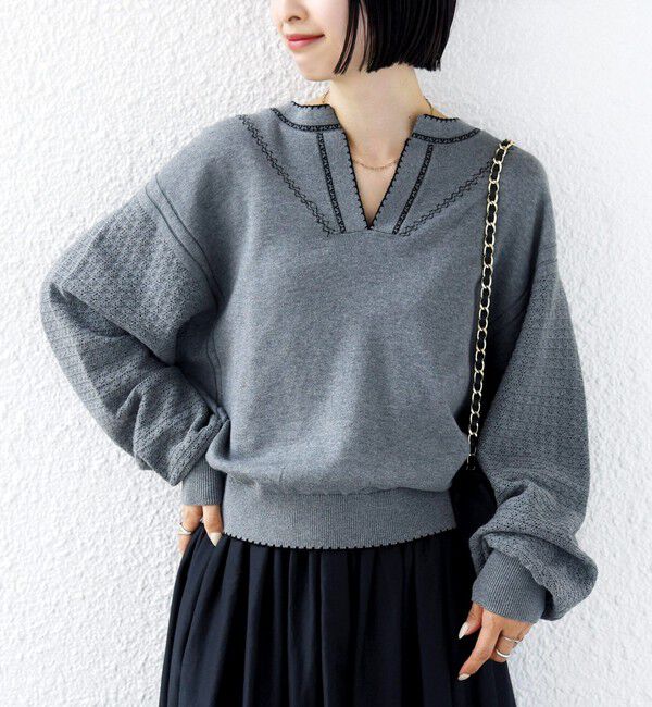 SHIPS for women「《予約》【WEB限定】〈手洗い可能〉配色 ステッチ アイレット スキッパー ニット」|ニット・セーター|