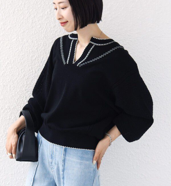 SHIPS for women「《予約》【WEB限定】〈手洗い可能〉配色 ステッチ アイレット スキッパー ニット」|ニット・セーター|