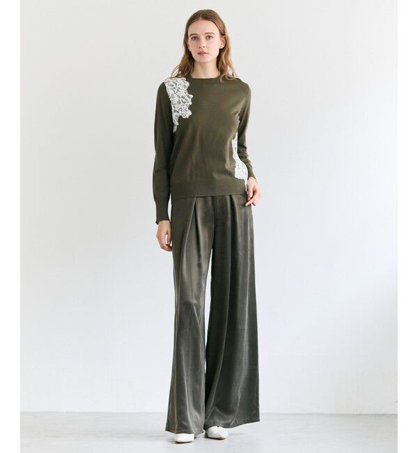 BEIGE,「WILLOW / アシンメトリーレースクルーネックニット」|ニット・セーター|