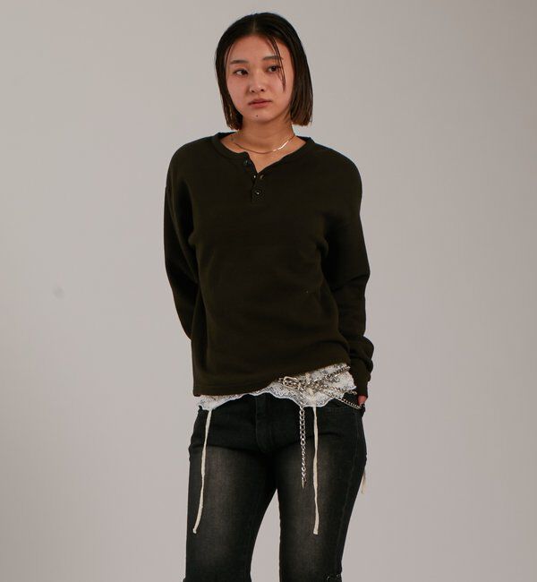  「【UNISEX】Sourcreamワッフルヘンリーネックトップス」|Tシャツ・カットソー|