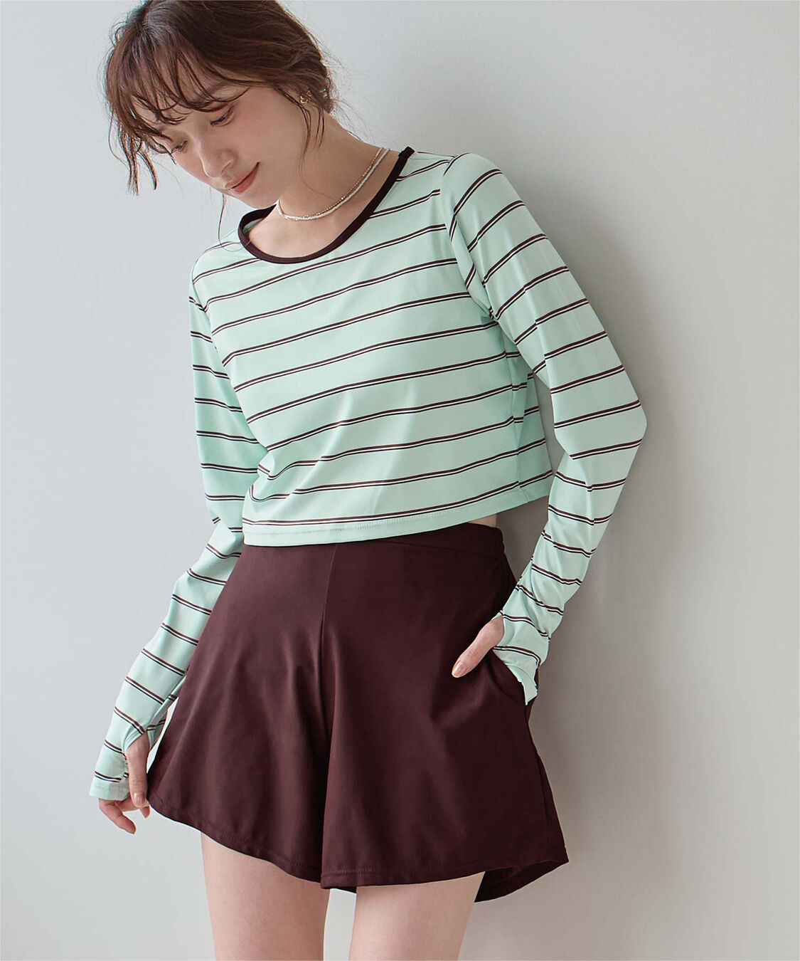 SEA DRESS「3点セット/パイピング長袖ビキニ&times;ショートパンツ/水着」|ビキニ|ボーダー