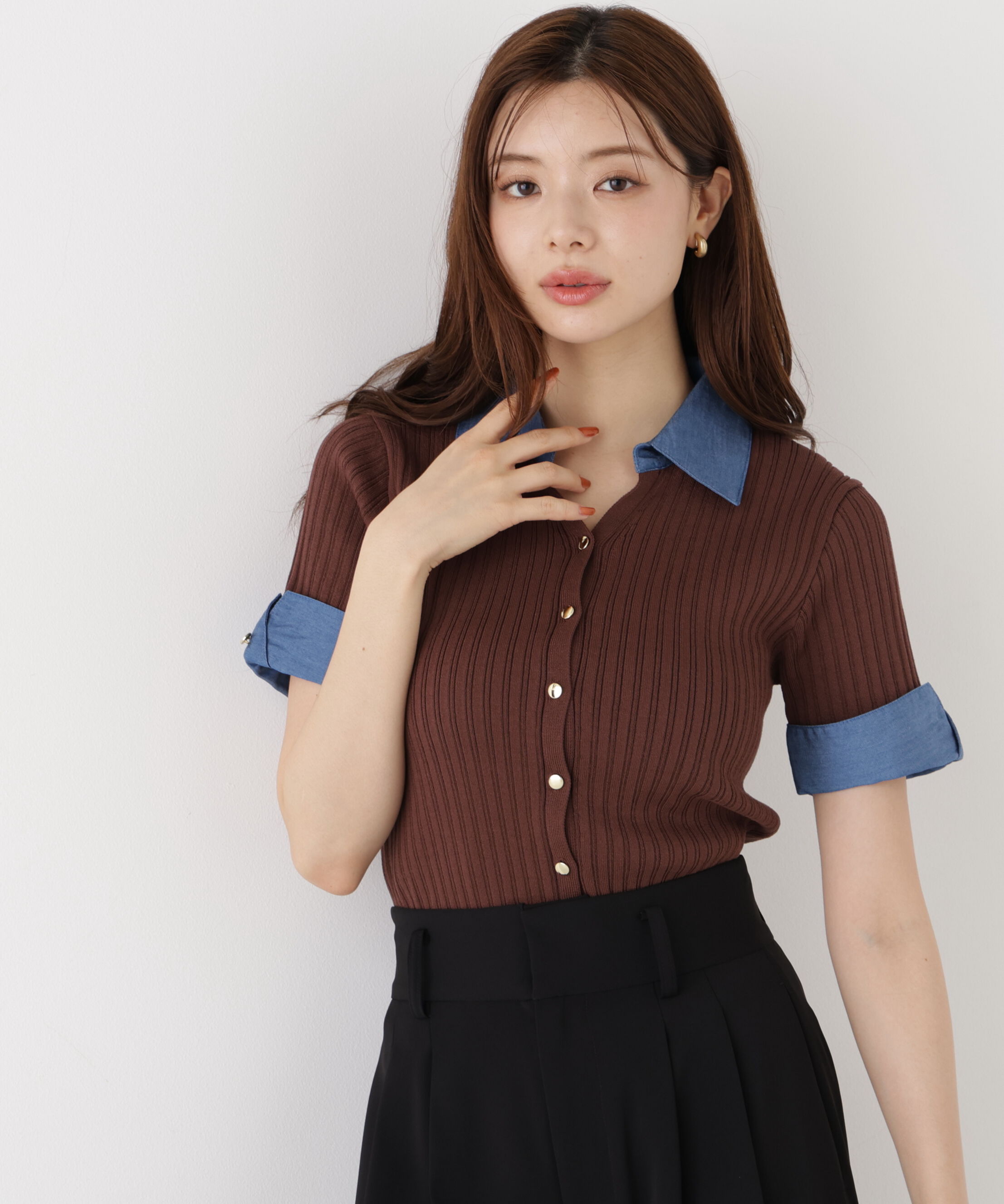 PROPORTION BODY DRESSING「＜a/mie＞デニムカラーリブニット」|カーディガン|