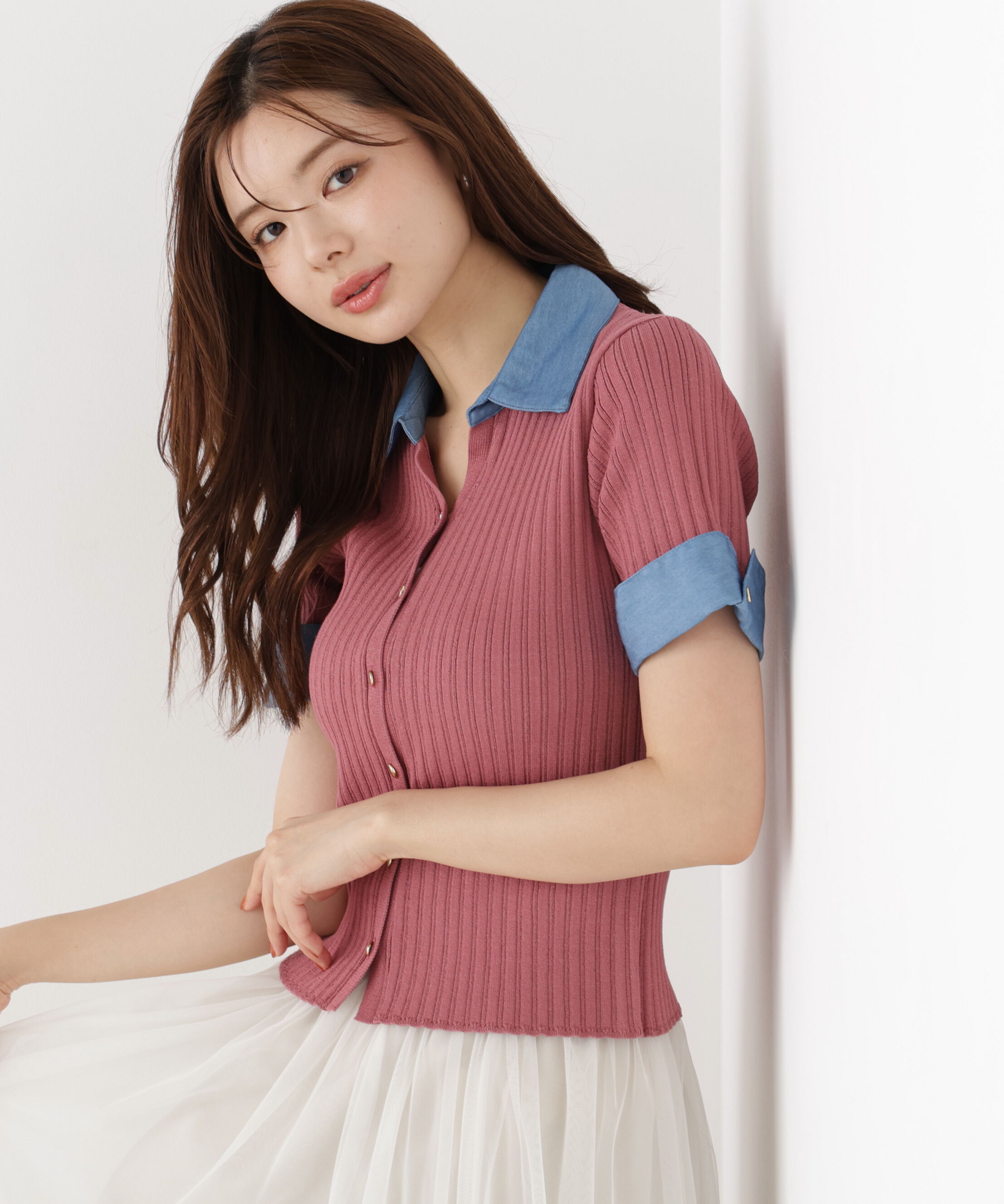 PROPORTION BODY DRESSING「＜a/mie＞デニムカラーリブニット」|カーディガン|