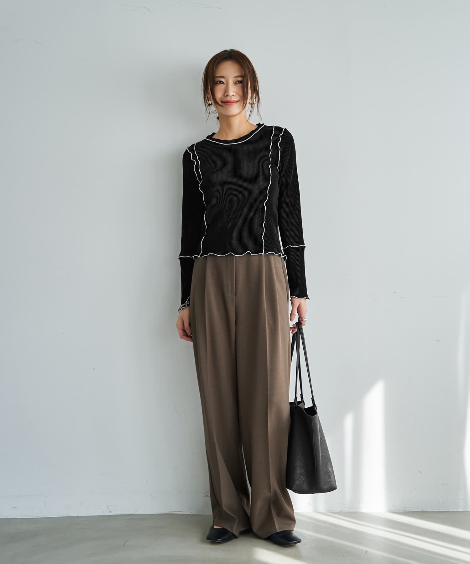 STYLE DELI「メロウリブ◆微光沢プリーツ調ライントップス」|Tシャツ・カットソー|