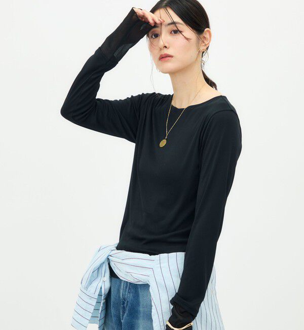NOLLEY'S「ウォッシャブル袖口シアー切替ロンT」|Tシャツ・カットソー|ブラック