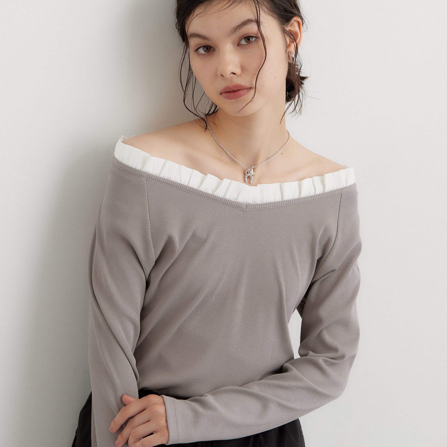 THE SHOP TK「フリル襟 リブカットソー」|Tシャツ・カットソー|グレー(012)