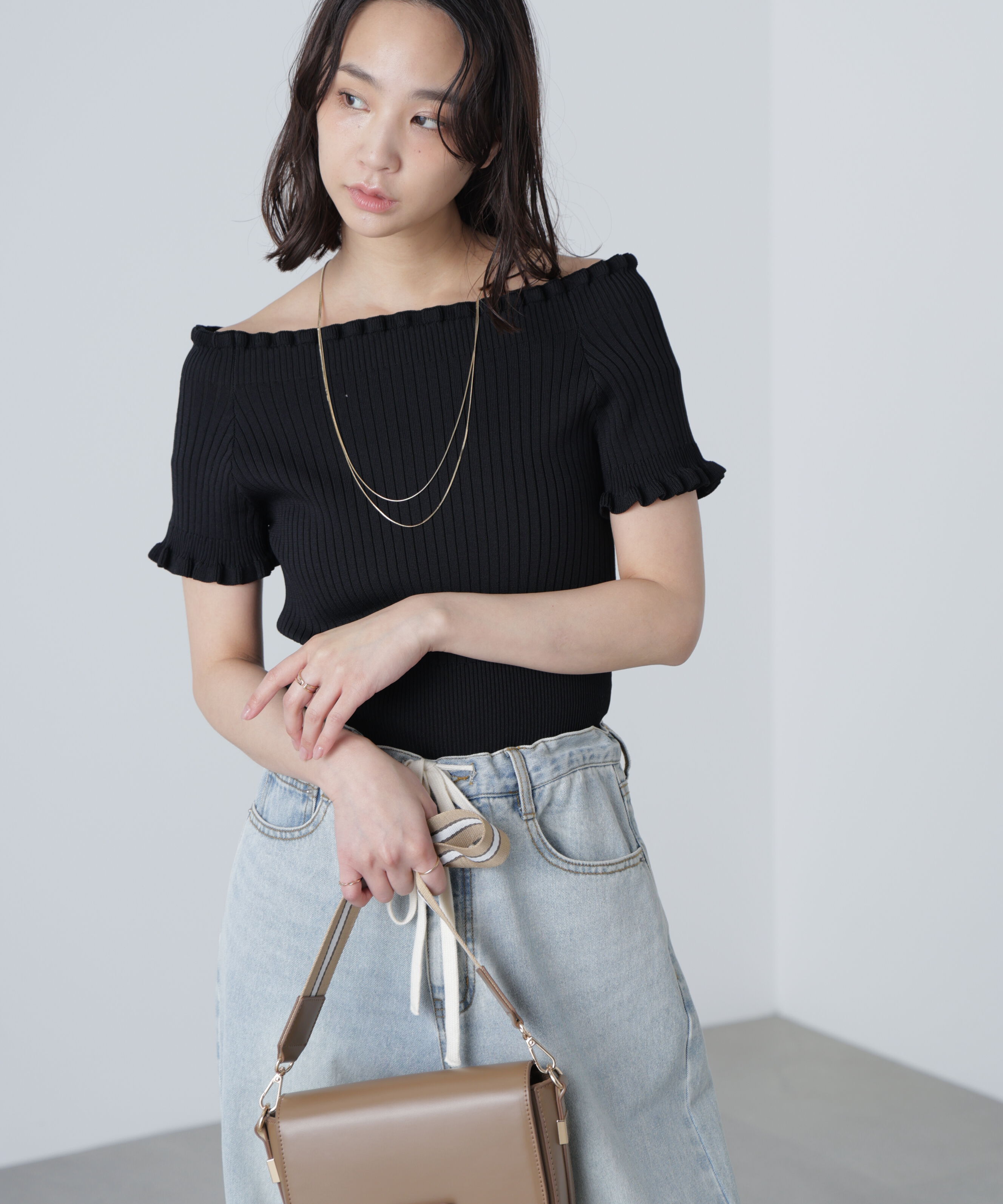  「2wayオフショルフリルリブ半袖ニット」|ニット・セーター|