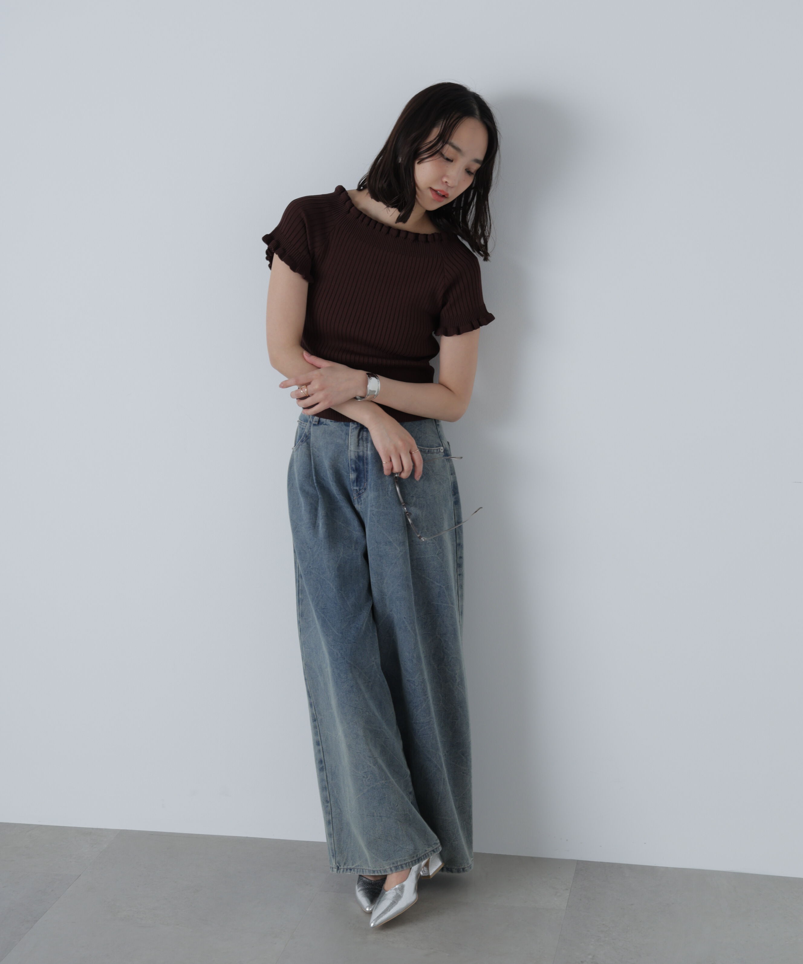  「2wayオフショルフリルリブ半袖ニット」|ニット・セーター|