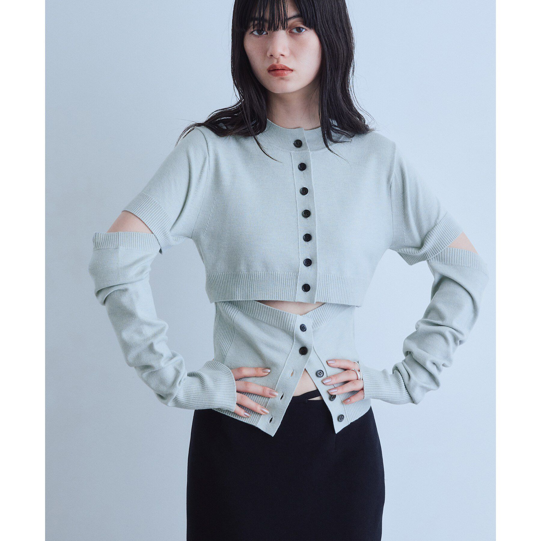 CODE A「modular button knit cardigan」|カーディガン|ライトグリーン(02