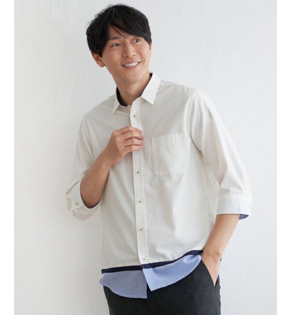 ikka「7分袖オックス裾切り替えシャツ」|シャツ・ブラウス|