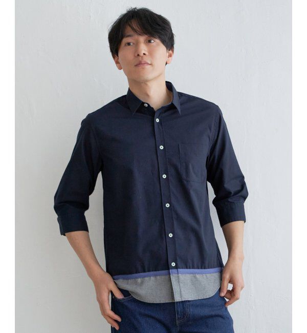 ikka「7分袖オックス裾切り替えシャツ」|シャツ・ブラウス|ネイビー